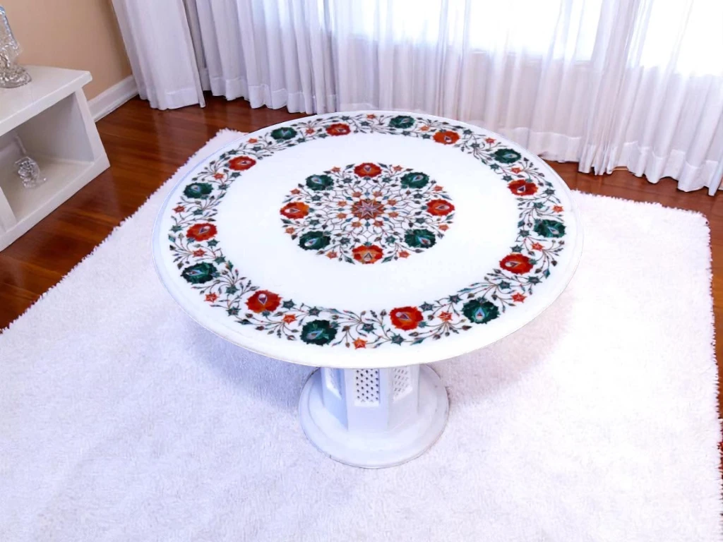 White Marble Round Coffee Table with Multi Semi Precious Inlay Gemstone 